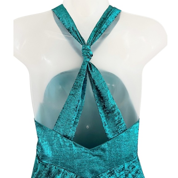 LIV FOSTER JADE Foil Chiffon Metallic Teal Halter Knotted Back Dress Size 2 NWT - Picture 6 of 16